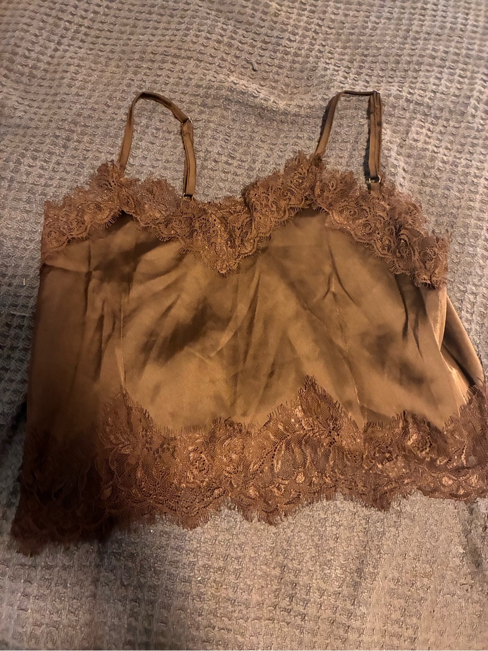 Amazon Brown Lace-Trim Satin Tank Top